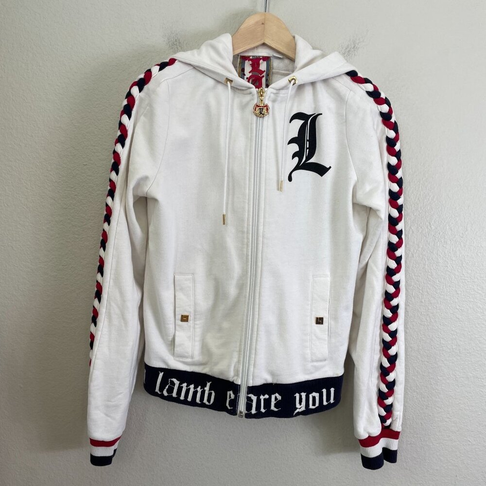 L.A.M.B. White Hoodie Jacket with Black Graphic and Red & Navy Braid Trim - Picture 2 of 13